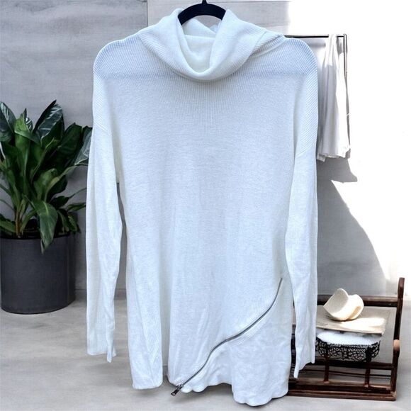 NWT New Bar III Winter White Cowl Neck Sweater Dress/Tunic Asymmetrical Zipper M - Picture 3 of 7